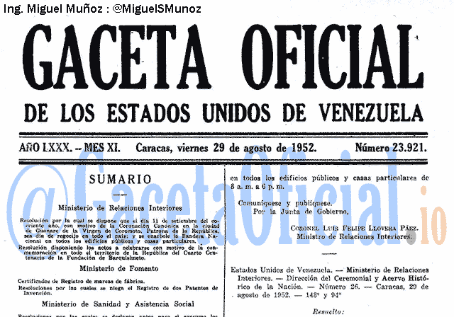Gaceta Oficial 23921 del 29 Agosto 1952