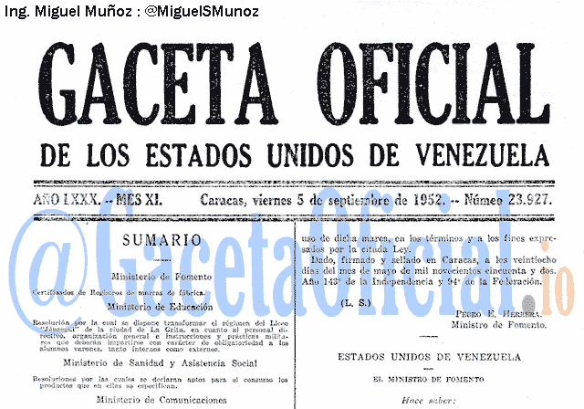 Gaceta Oficial 23927 del 5 Septiembre 1952