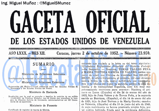 Gaceta Oficial 23950 del 2 Octubre 1952