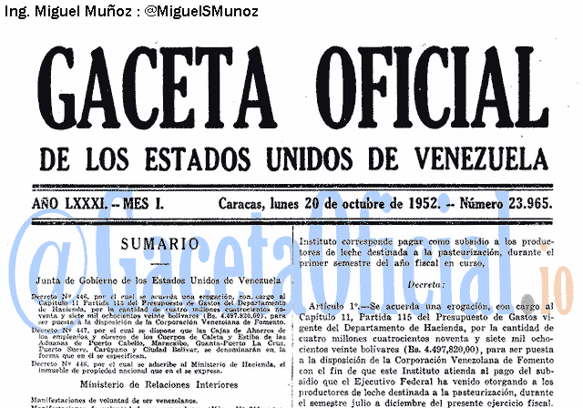 Gaceta Oficial 23965 del 20 Octubre 1952