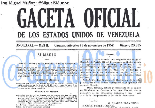 Gaceta Oficial 23985 del 12 Noviembre 1952