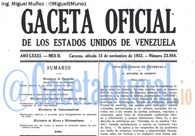 Gaceta Oficial 23988 del 15 Noviembre 1952