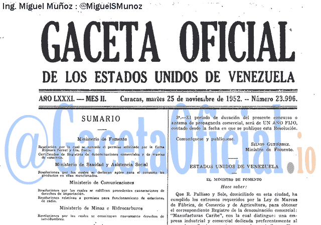 Gaceta Oficial 23996 del 25 Noviembre 1952