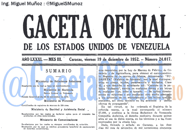 Gaceta Oficial 24017 del 19 Diciembre 1952
