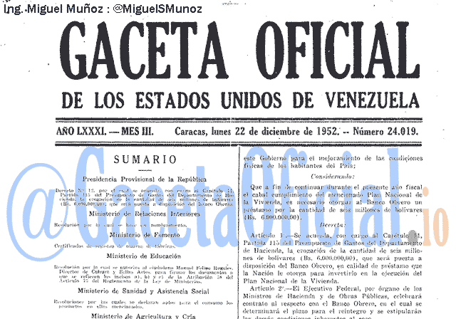 Gaceta Oficial 24019 del 22 Diciembre 1952