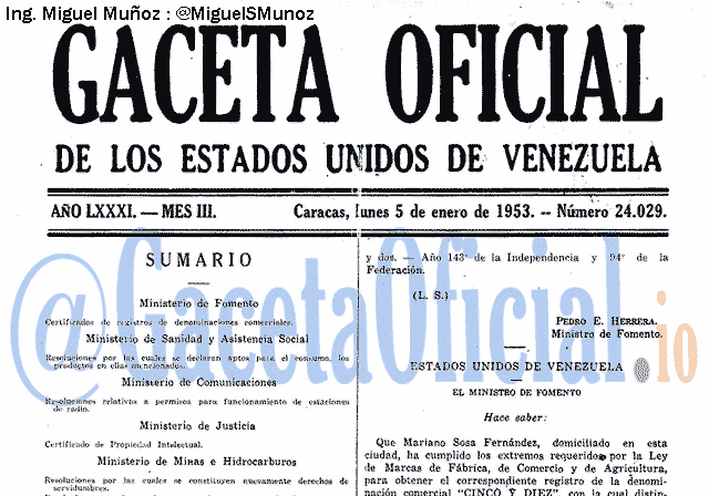 Gaceta Oficial 24029 del 5 Enero 1953
