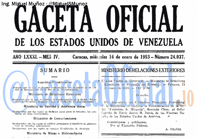 Gaceta Oficial 24037 del 14 Enero 1953