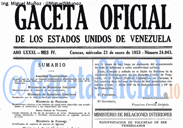 Gaceta Oficial 24043 del 21 Enero 1953