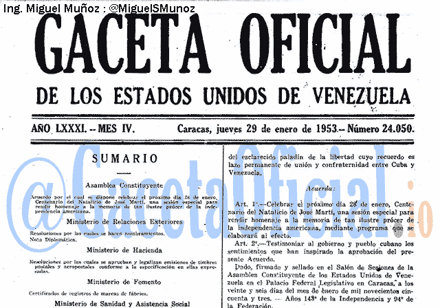 Gaceta Oficial 24050 del 29 Enero 1953