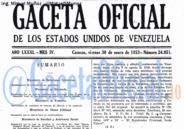Gaceta Oficial 24051 del 30 Enero 1953
