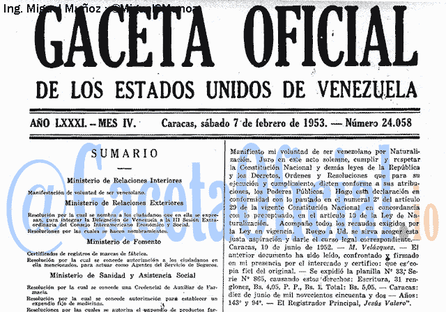 Gaceta Oficial 24058 del 7 Febrero 1953