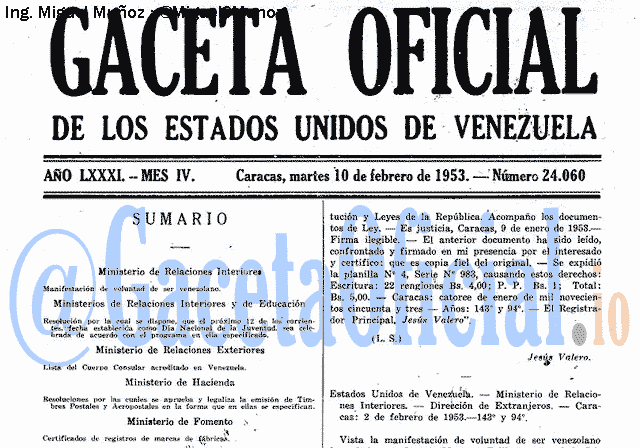 Gaceta Oficial 24060 del 10 Febrero 1953