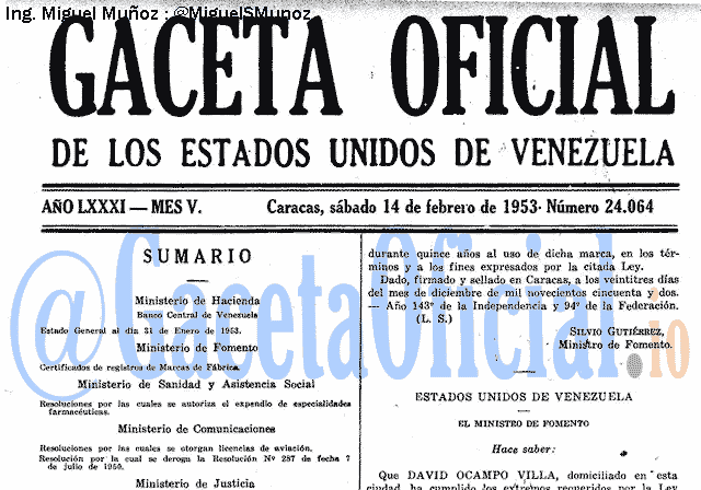 Gaceta Oficial 24064 del 14 Febrero 1953