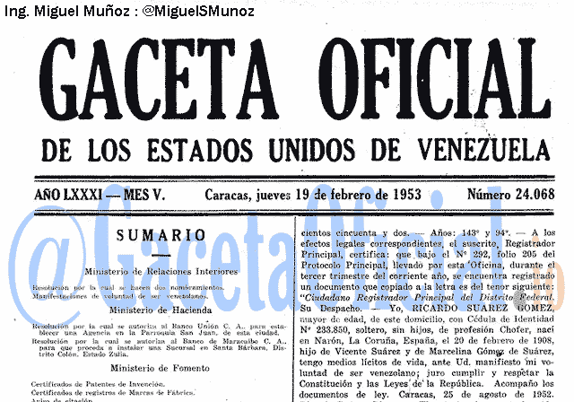 Gaceta Oficial 24068 del 19 Febrero 1953