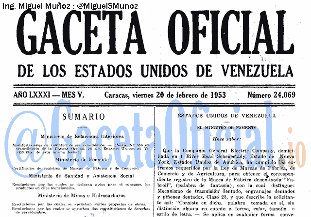 Gaceta Oficial 24069 del 20 Febrero 1953