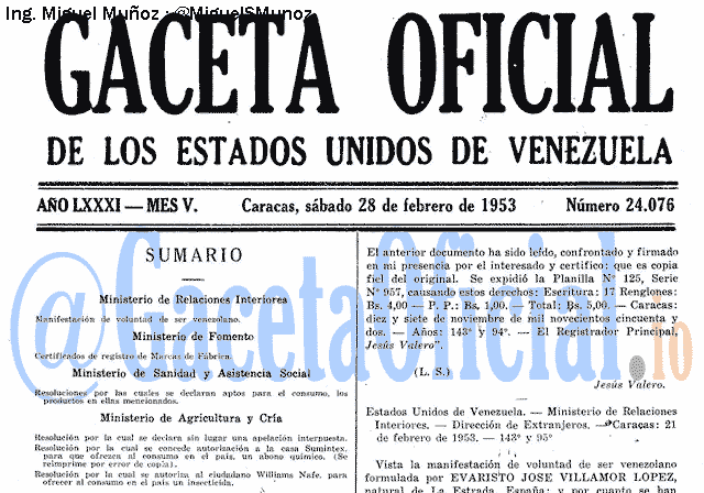 Gaceta Oficial 24076 del 28 Febrero 1953