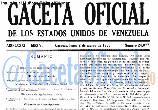 Gaceta Oficial 24077 del 2 Marzo 1953