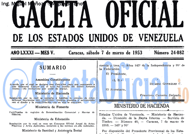 Gaceta Oficial 24082 del 7 Marzo 1953