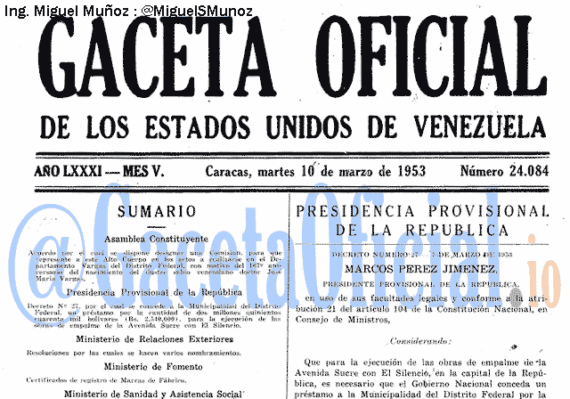 Gaceta Oficial 24084 del 10 Marzo 1953