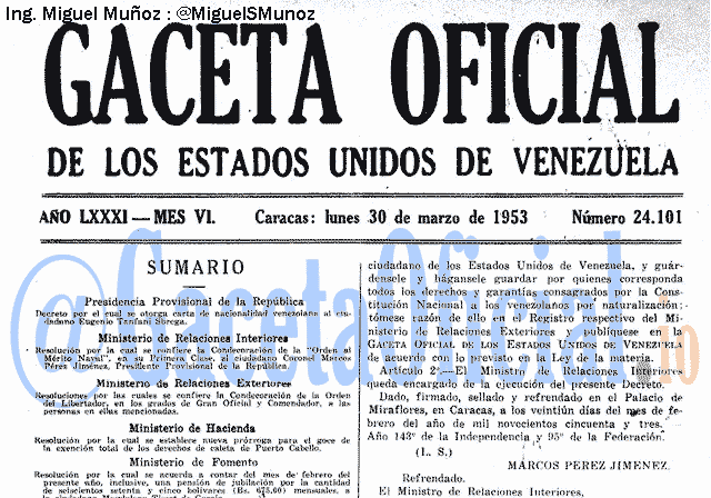 Gaceta Oficial 24101 del 30 Marzo 1953