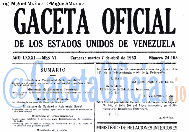 Gaceta Oficial 24105 del 7 Abril 1953
