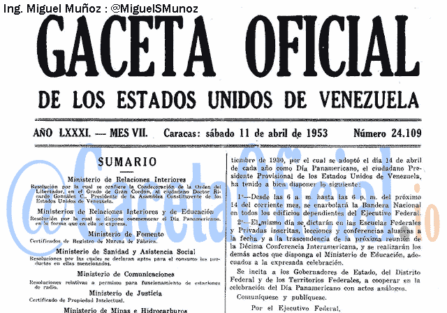 Gaceta Oficial 24109 del 11 Abril 1953
