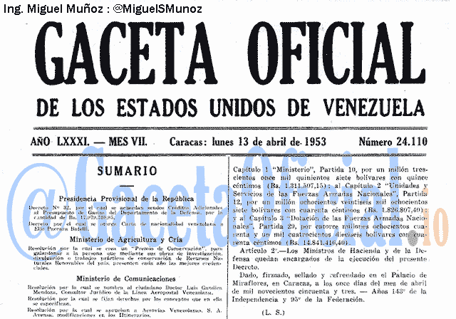 Gaceta Oficial 24110 del 13 Abril 1953