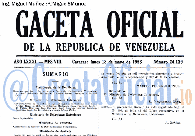 Gaceta Oficial 24139 del 18 Mayo 1953