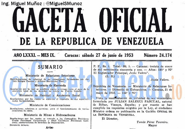 Gaceta Oficial 24174 del 27 Junio 1953