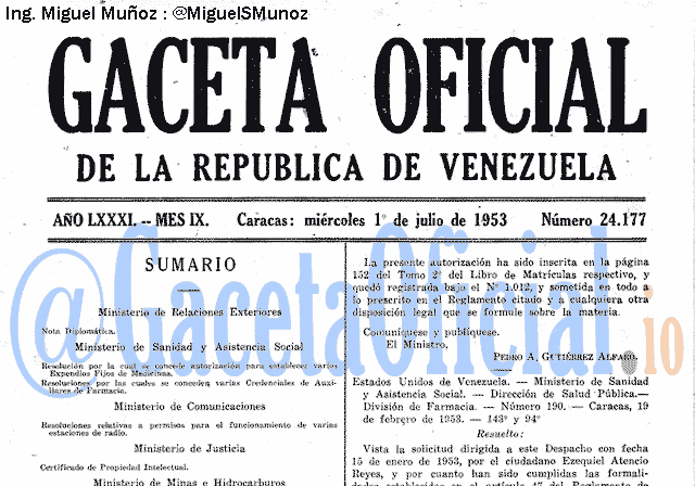 Gaceta Oficial 24177 del 1 Julio 1953
