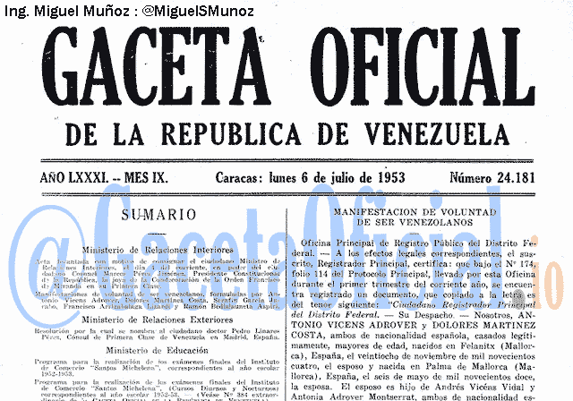 Gaceta Oficial 24181 del 6 Julio 1953