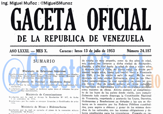 Gaceta Oficial 24187 del 13 Julio 1953