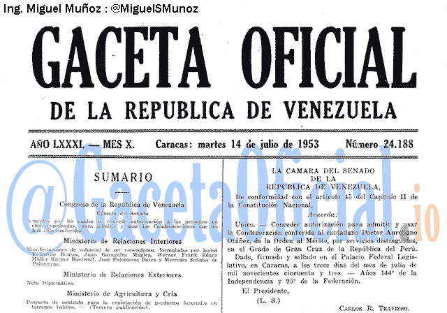 Gaceta Oficial 24188 del 14 Julio 1953