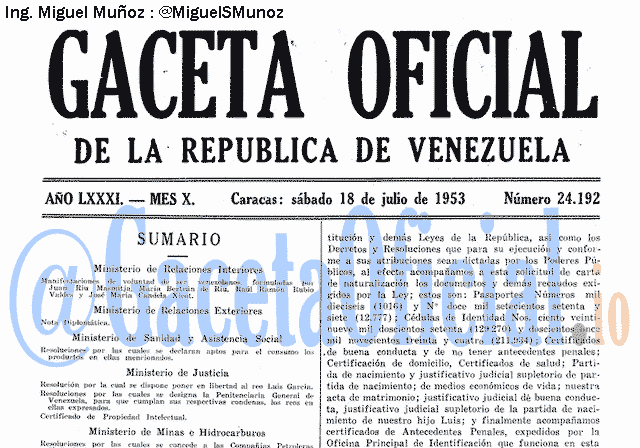 Gaceta Oficial 24192 del 18 Julio 1953