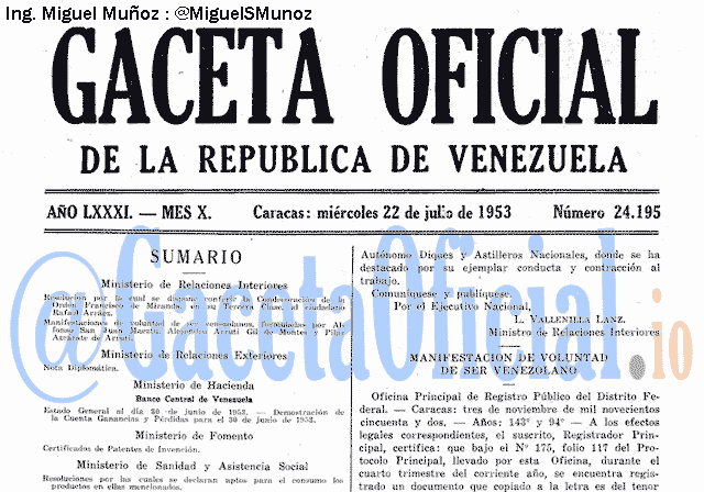 Gaceta Oficial 24195 del 22 Julio 1953