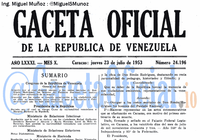 Gaceta Oficial 24196 del 23 Julio 1953