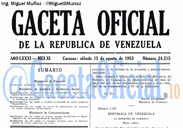 Gaceta Oficial 24215 del 15 Agosto 1953