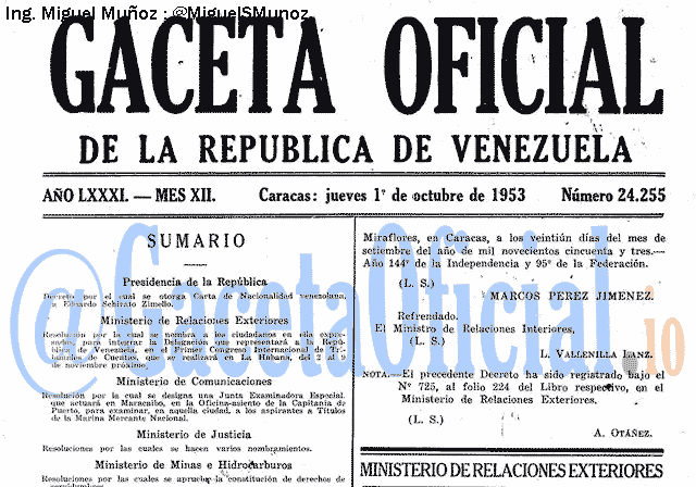 Gaceta Oficial 24255 del 1 Octubre 1953