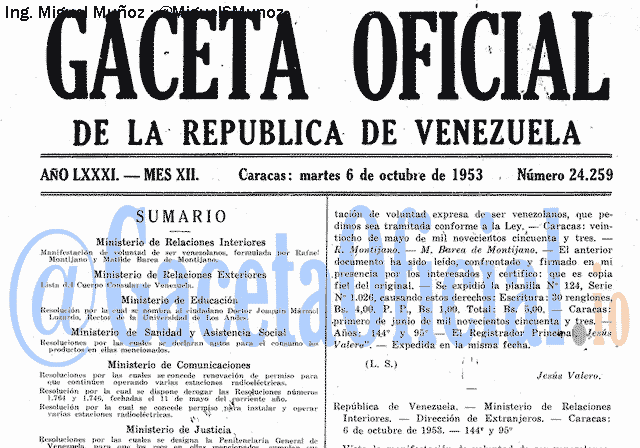 Gaceta Oficial 24259 del 6 Octubre 1953