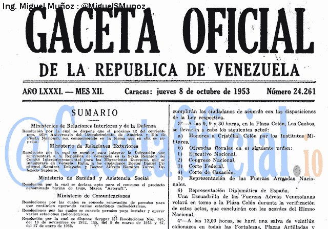 Gaceta Oficial 24261 del 8 Octubre 1953