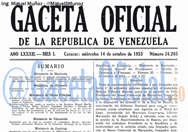 Gaceta Oficial 24265 del 14 Octubre 1953