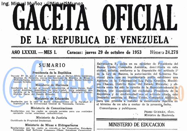 Gaceta Oficial 24278 del 29 Octubre 1953