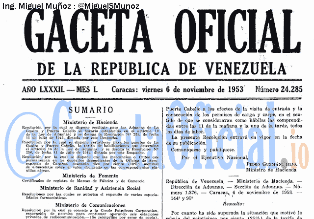 Gaceta Oficial 24285 del 6 Noviembre 1953