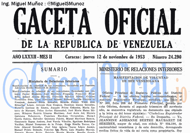 Gaceta Oficial 24290 del 12 Noviembre 1953