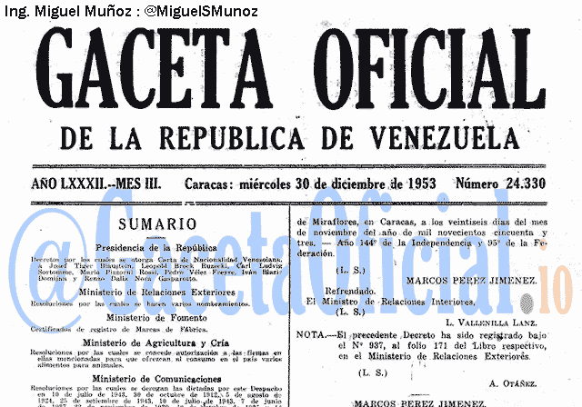 Gaceta Oficial 24330 del 30 Diciembre 1953
