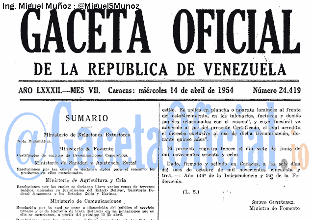 Gaceta Oficial 24419 del 14 Abril 1954