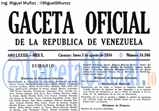 Gaceta Oficial 24506 del 2 Agosto 1954