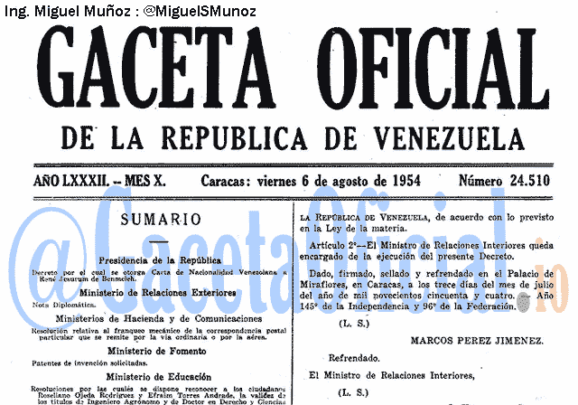 Gaceta Oficial 24510 del 6 Agosto 1954