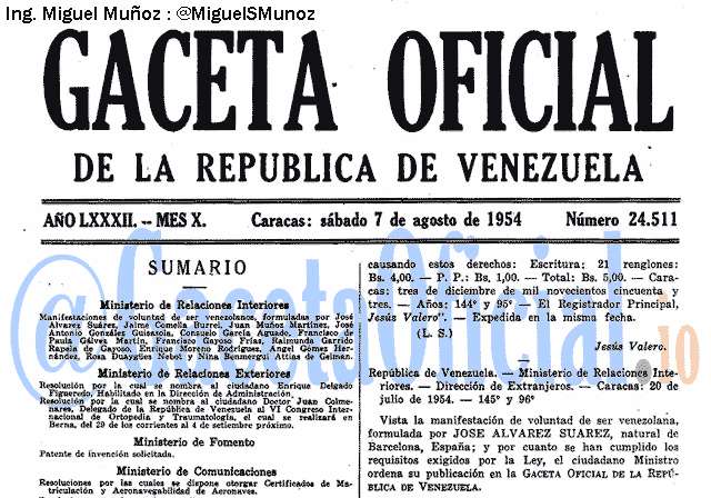 Gaceta Oficial 24511 del 7 Agosto 1954