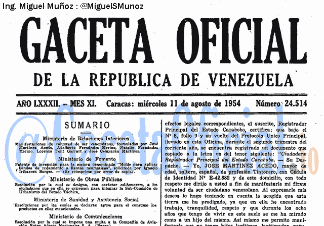 Gaceta Oficial 24514 del 11 Agosto 1954